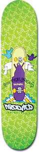 Krooked America Precious skateboard deck: Green deck patterned with pale ghost-like shapes and, in the centre, a cartoon of a purple figure on a skateboard flanked by blue and purple birds and white banners reading America's Precious. Krooked logo below.