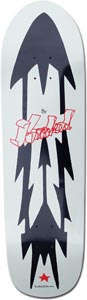 Krooked Arrow Old Skool skateboard deck: Large dark navy arrow-like shape with jagged spikes down a pale grey-white shaped deck, with red Krooked brush-style lettering across the middle and a small red star at the tail.