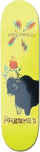 Krooked Gonz Bullhead skateboard deck: Yellow deck with a loosely painted dark blue-grey bull with a small red flame on its head, and colourful lightning bolts above. Rider name in small lettering near the top and Krooked logo near the tail.