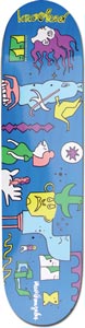 Krooked Wildhair skateboard deck: Blue deck covered with scattered abstract cartoon shapes and creatures in bright flat colours, including a purple hair-like figure, a toothy mouth, hands, a yellow figure and a green plant. Krooked scrawled at the top.