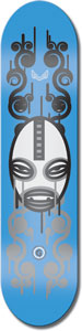 Unabomber Giw Blu/Wht skateboard deck: A white tribal-style mask face with slit eyes and a grinning mouth, framed by grey scrolling curls and drips, on a bright blue deck. Smaller grey swirls repeat below the face.