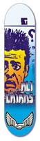 Unabomber Cairns skateboard deck: A drawn, stylised face of a worried man with spiky blue hair and orange skin, a question mark beside it, and a pair of white wings at the base, on a blue gradient background.