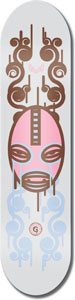Unabomber Giw Gry/Pnk skateboard deck: Pale grey deck with a symmetrical design: a pink and blue wrestler-style mask with stylised eyes and mouth, framed by brown scrolling swirls above and pale blue swirls below. A small circular G logo sits underneath.