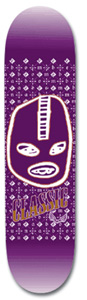 Unabomber Gimp Class skateboard deck: Purple deck with a large masked wrestler-style face in white outline, a repeating diamond pattern behind it and Classic lettering in gold across the lower half.