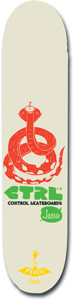 Control Peace Jassu Shop skateboard deck: A coiled red cobra-style snake drawn in simple lines on a cream deck, above a green CTRL logo, the words Control Skateboards, a small green badge and a small yellow peace emblem near the tail.