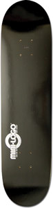 Powell Peralta Mini Logo skateboard deck: A plain glossy black deck with a small silver-white Mini Logo roundel and wordmark near the tail, running vertically. No other graphic.