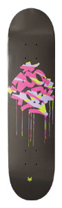 Zoo York Fat & Juicy skateboard deck: A graffiti-style tag in pink, lilac and neon yellow with paint drips running down, on a dark charcoal deck. A small yellow logo sits at the tail.
