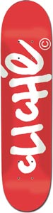 Cliché Handwritten Red skateboard deck: A bold white hand-written Cliché logo set sideways down a flat red deck, with a circled C mark at the upper right.