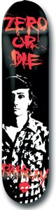 Zero Rattray Ghost skateboard deck: Stencil-style black and white portrait of a young man in a cap and checked shirt on a black deck, with dripping red lettering above and below and a small red Zero logo.
