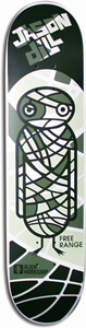 Alien Workshop Dill Freerange skateboard deck: A bandage-wrapped mummy-like owl figure made of dark green outlines and white shapes stands on a pale green circular backdrop, with the rider name in blocky letters at the top and Free Range and the Alien Workshop logo near the bottom.