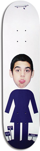 Girl Rodriguez Head skateboard deck: White deck with a photographic portrait of a young man pulling a face, his head placed on the body of the navy Girl logo figure, with small signs at its feet and a tiny skateboard at the top.
