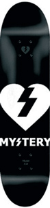 Mystery Mystery Heart Logo skateboard deck: A large white Mystery heart with a black lightning bolt through it above the brand name in white capitals, on a black deck, with a small heart logo near the top.