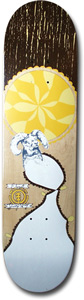 Element Wray Travel skateboard deck: Large pale yellow sunburst circle over a white shape in which a ram's head sits, on a dark wood-grain top fading to tan, with the Element logo and small text in the middle.