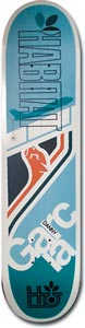Habitat Garcia Airway2 skateboard deck: Graphic in blue and white with a large vertical 'Habitat' wordmark and leaf logo, an orange bear or cat figure and angled navy stripes, plus the rider's name in big pale letters.