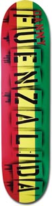 Think Fuenza Aerosol skateboard deck: Rasta-style red, yellow and green stripes across the deck, overprinted with a rider's name in tall black stencilled spray-paint capitals, with a small red first name at the top.
