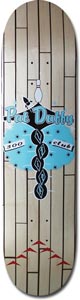 Think Duffy Club skateboard deck: Natural wood deck with a bowling-lane floor pattern, a bowling pin at the top and a light blue retro bowling-shirt style badge with the rider name, a 300 club label and diamond shapes. Red arrow marks near the tail.