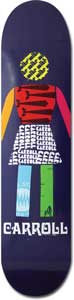 Girl Carroll Cut/Paste skateboard deck: Girl logo figure built from collaged pieces: a yellow patterned head, red tie-patterned torso, white dress of repeated GIRL text, coloured arms and legs, on a dark navy ground. CARROLL is printed along the bottom.
