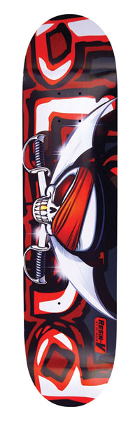 Blind Switch Blades V-Ply skateboard deck: A pirate skull in a red bandana with a gold tooth and crossed swords, over bold red, black and white abstract shapes. A small Resin-7 tag sits near the tail.