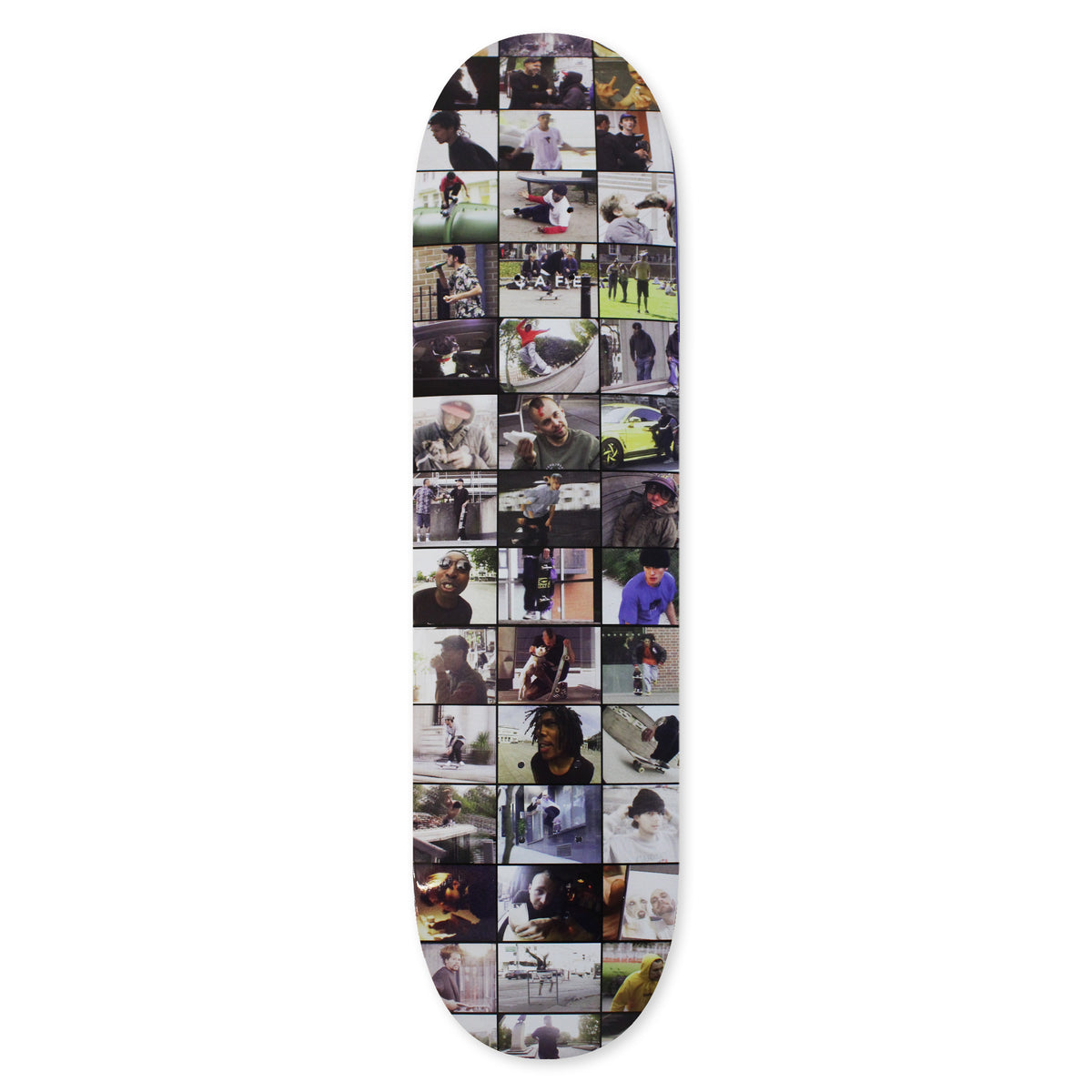 Skateboard Cafe 10 Year Anniversary skateboard deck: Grid of small photo stills from skate and street footage covering the whole deck, showing skaters, friends, a yellow car and street scenes.
