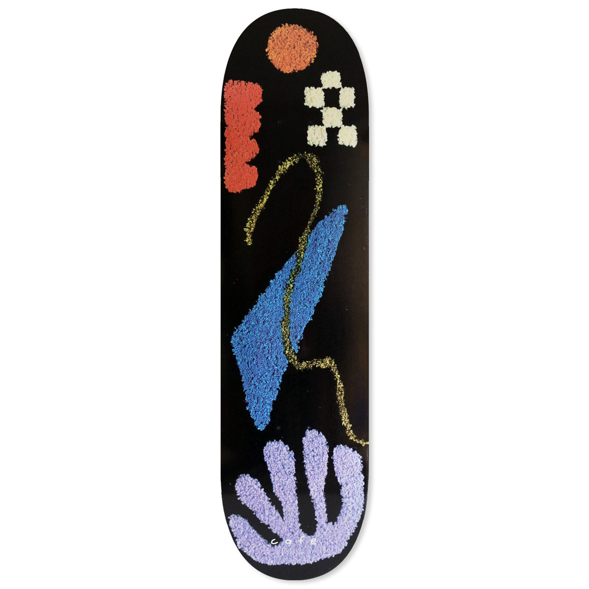 Skateboard Cafe April - Black skateboard deck: Black deck with abstract tufted-rug style shapes: an orange circle, red blob, cream checkerboard, blue parallelogram crossed by a yellow wavy line, and a lilac hand-like leaf shape at the bottom. Small 'cafe' text.