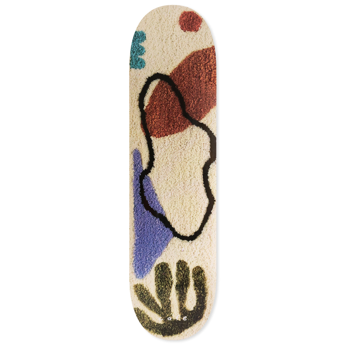 Skateboard Cafe April - Cream skateboard deck: Abstract, tufted rug-style artwork on a cream ground: a black looping outline over a rust-brown shape, a blue triangle, a dark green plant form, a teal blob and a red dot. Small 'cafe' logo near the bottom.