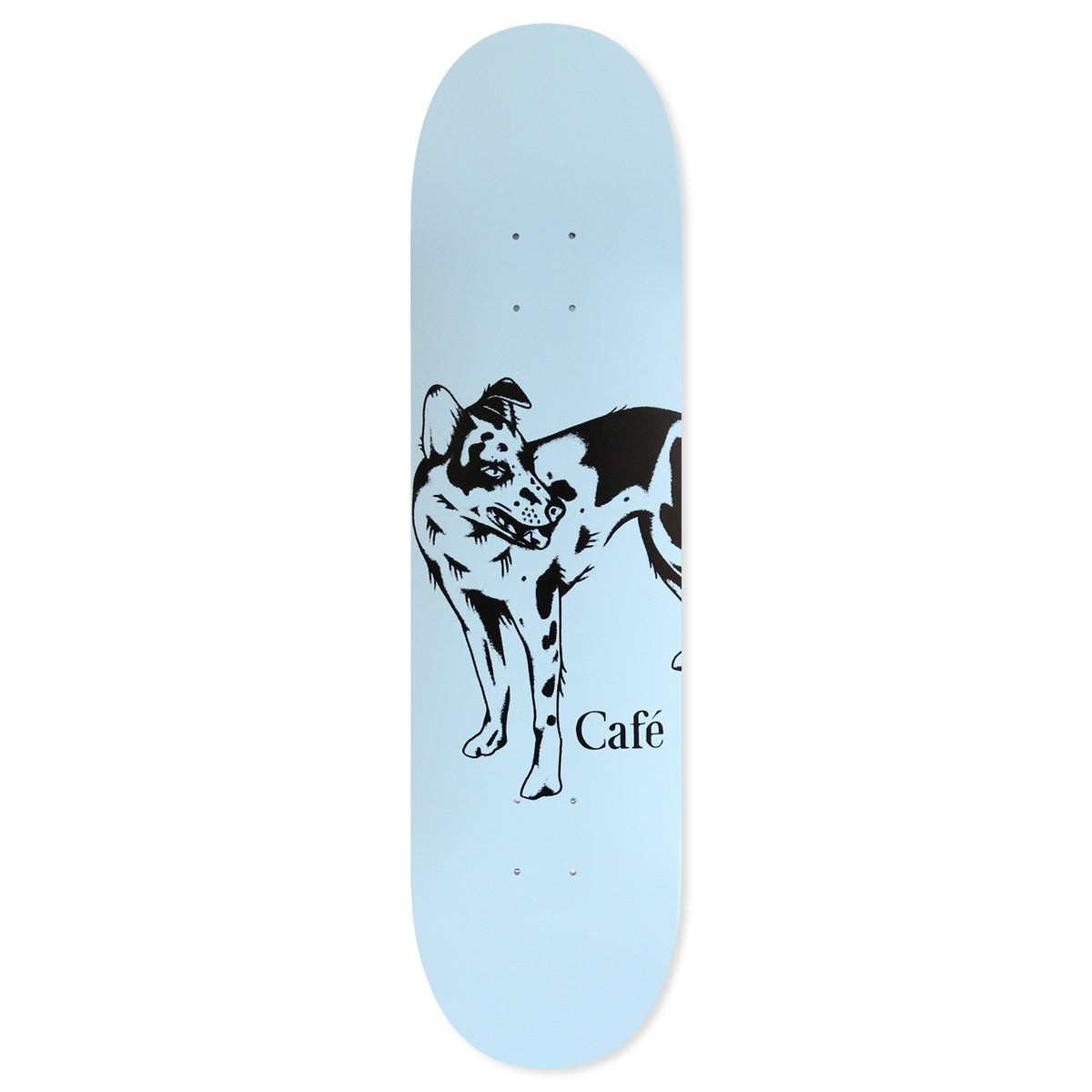 Skateboard Cafe Casper - Blue skateboard deck: Black ink drawing of a spotted dog with its head turned back over its shoulder, standing on a pale blue deck with the word Café in a serif typeface beside its legs.