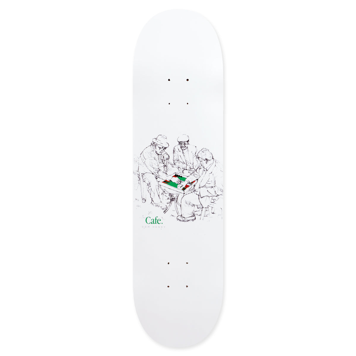 Skateboard Cafe Dom Henry Backgammon White skateboard deck: Pen-and-ink sketch of three older men in flat caps sitting around a small table playing backgammon, with the board picked out in green, red and white. The Cafe wordmark in green sits beside them on a plain white deck.