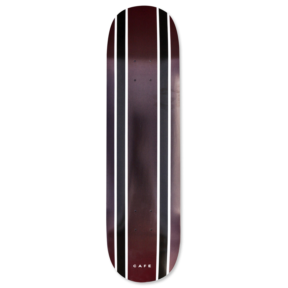 Skateboard Cafe Double Stripe C2 Shape (Burgundy/Black Fade) skateboard deck: Two pairs of black and white vertical stripes run the length of a deck that fades from burgundy to black. A small CAFE wordmark sits near the tail.