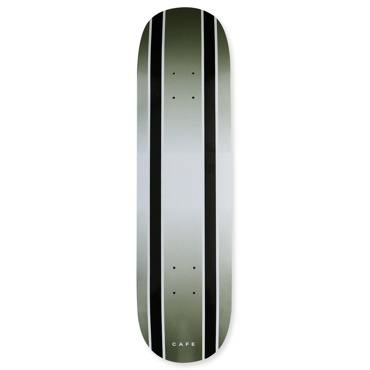 Skateboard Cafe Double Stripe C2 Shape (Olive/Black Fade) skateboard deck: Two thick black vertical stripes with thin white pinstripes either side run the full length of the deck over an olive-to-pale grey fade. A small CAFE wordmark sits near the tail.