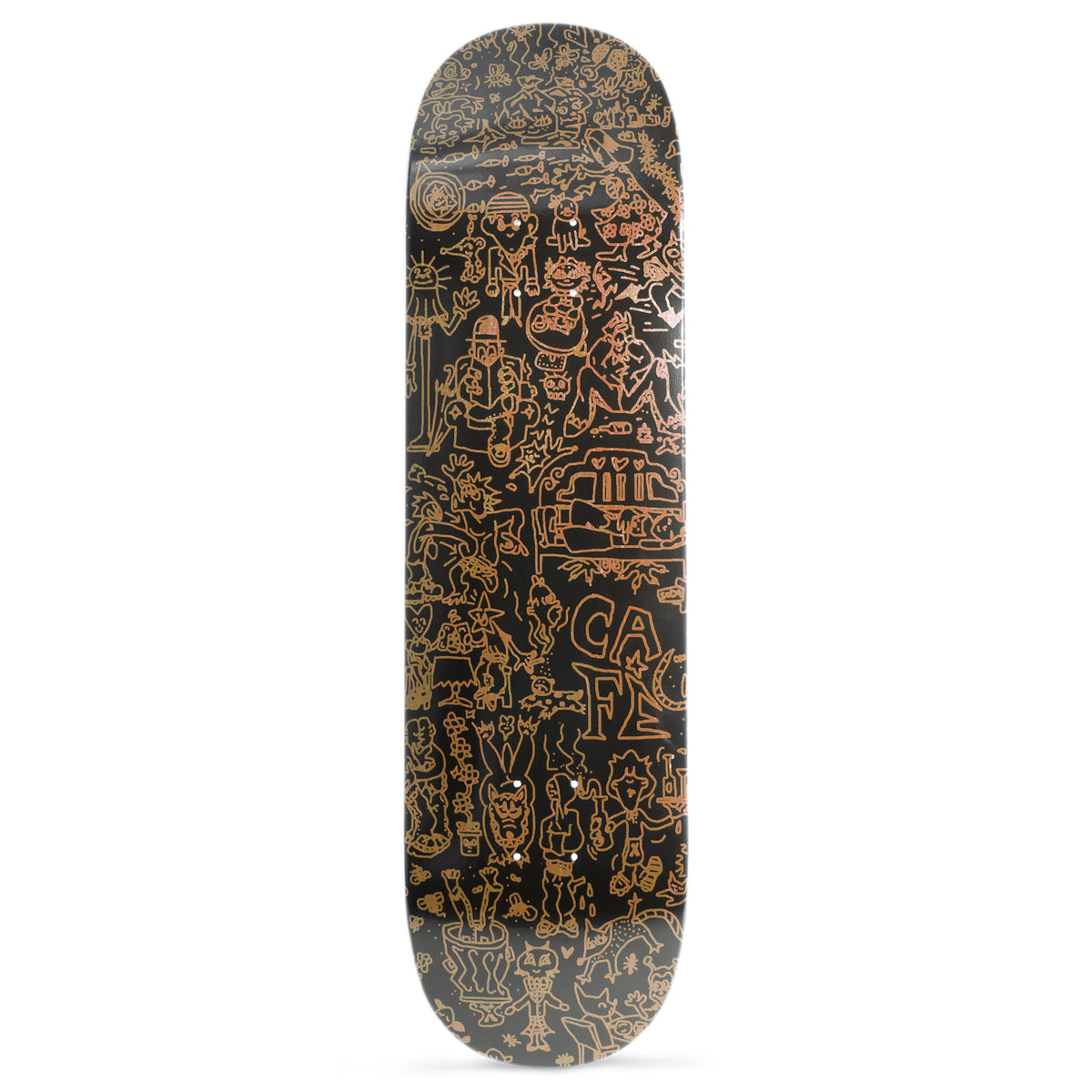 Skateboard Cafe Ethan C2 Black/Assorted Stain skateboard deck: Dense copper-toned line doodles of characters, creatures, faces, a building and plants covering a black deck, with 'Cafe' lettered in the lower middle.