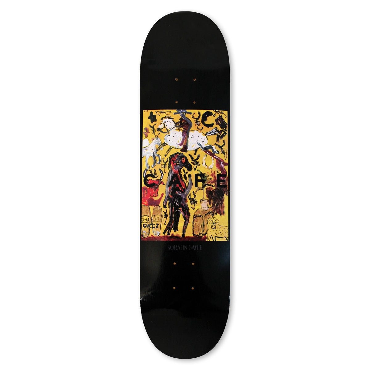 Skateboard Cafe First Adventure Korahn Gayle Pro (Black) skateboard deck: Naive expressive painting in a panel on a black deck, with a white spotted horse and rider, a dark standing figure, scorpions, loafers and a leopard on a yellow ground, with large black letters spelling the brand name.