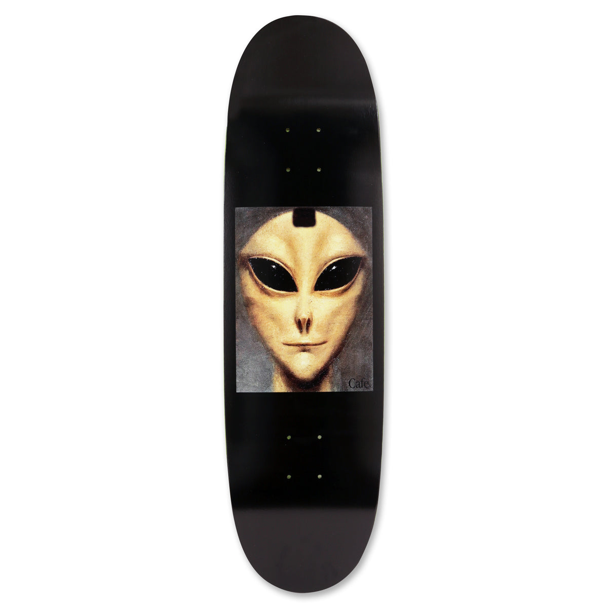 Skateboard Cafe Harry Ogilvie Entity - Rugby Shape Black skateboard deck: Painted portrait of a pale alien face with large black eyes, in a grey-bordered panel on a plain black deck. Small Cafe signature in the corner of the picture.