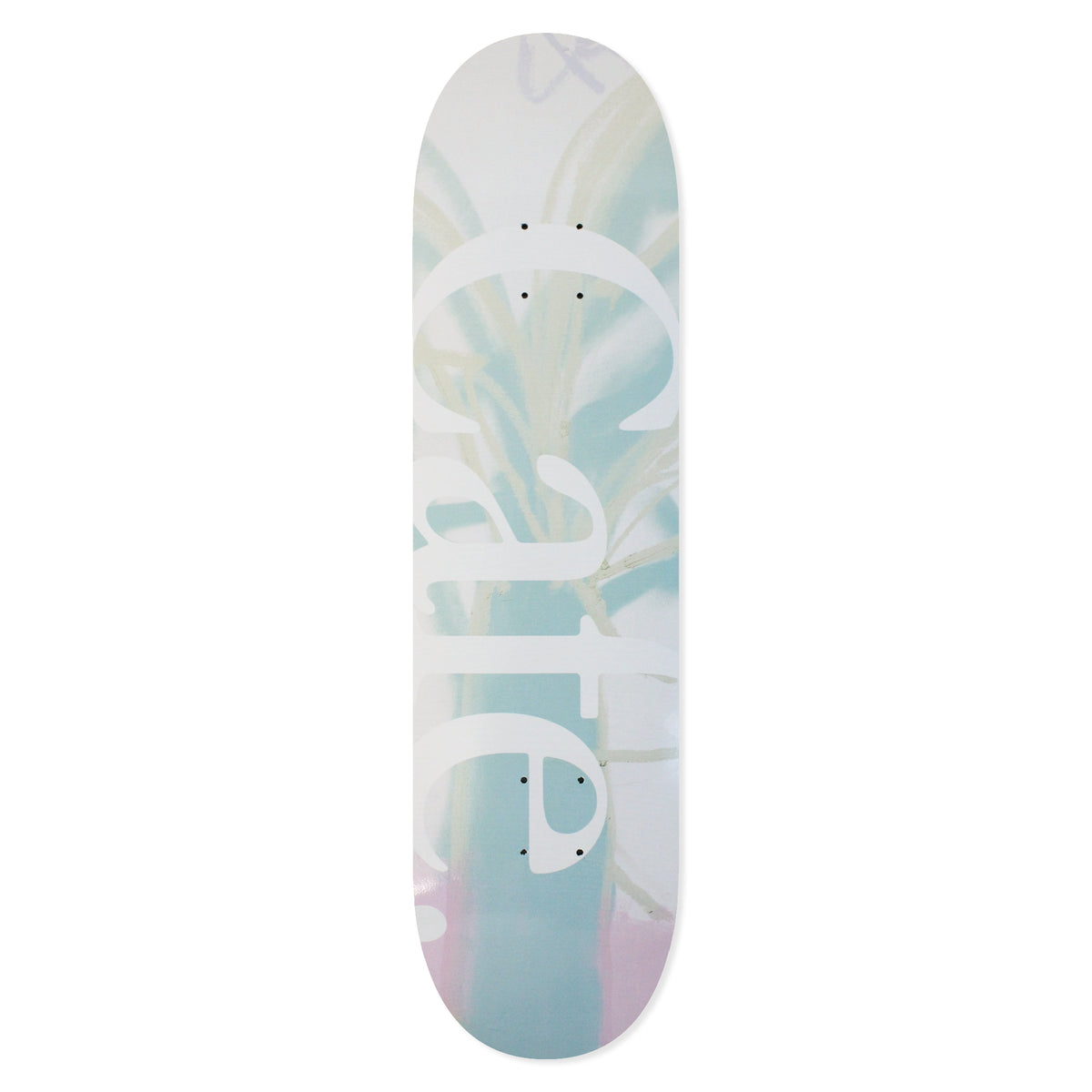 Skateboard Cafe JLH (Cream/Green) skateboard deck: Large white lowercase serif 'cafe' lettering running vertically over a soft, blurred photo of pale green and cream plant fronds with pink tones at the tail.