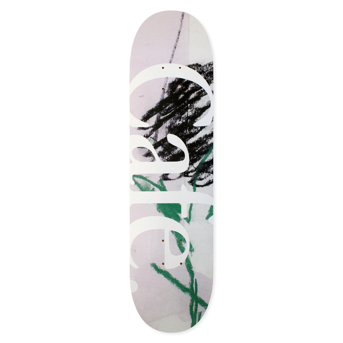 Skateboard Cafe JLH (Lavender/Green) skateboard deck: Lavender-grey deck with the word 'Cafe' in large white serif lower-case lettering over a loose charcoal scribble and green crayon strokes.