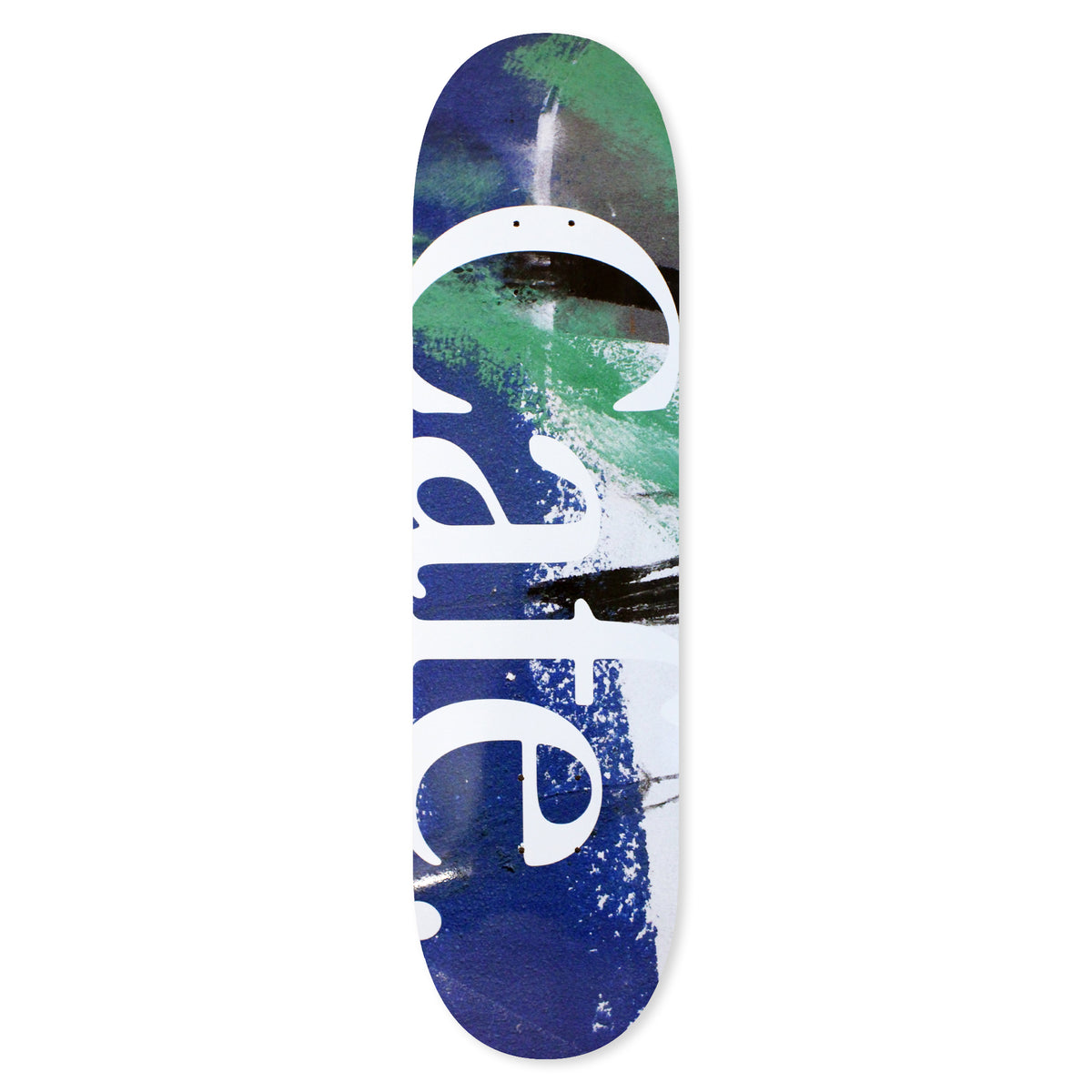 Skateboard Cafe JLH (Navy/Green) skateboard deck: Deck with the word 'cafe' in large white serif lower-case lettering over loose brushstrokes of navy, green and black paint on a white ground.