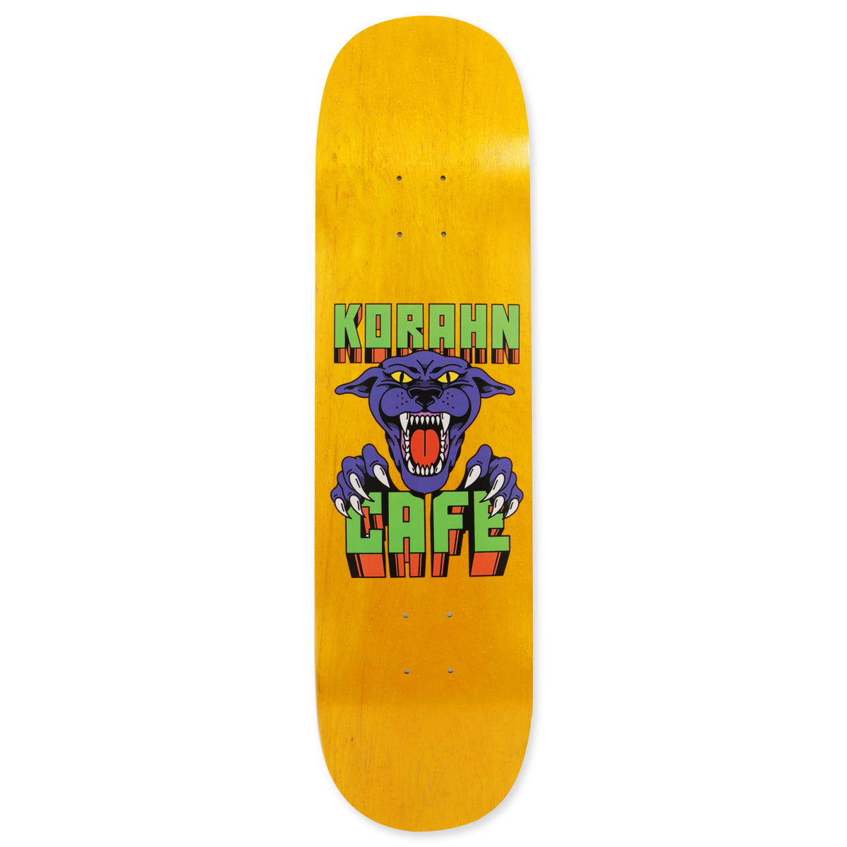 Skateboard Cafe Korahn Panther - C2 Shape Yellow Wood - Stain skateboard deck: Snarling purple panther head with yellow eyes, red mouth and white claws gripping the word CAFE, under the name KORAHN in chunky green block letters with orange shadows, on a yellow wood stain.