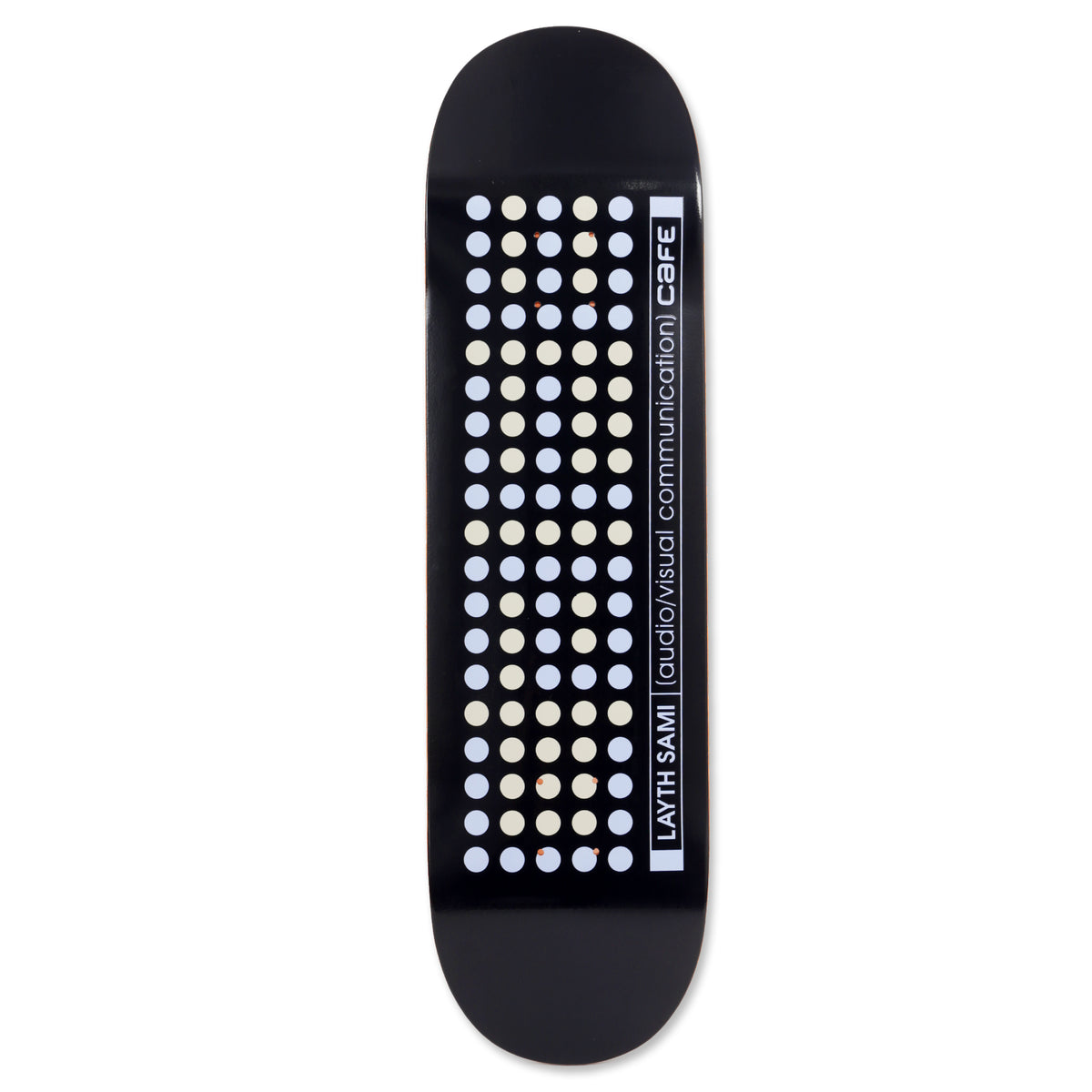 Skateboard Cafe Layth Sami Code - Embossed Navy skateboard deck: Grid of pale blue and cream dots in five columns on a black deck, with a vertical white label reading the rider name and '(audio/visual communication)' beside the Cafe logo.