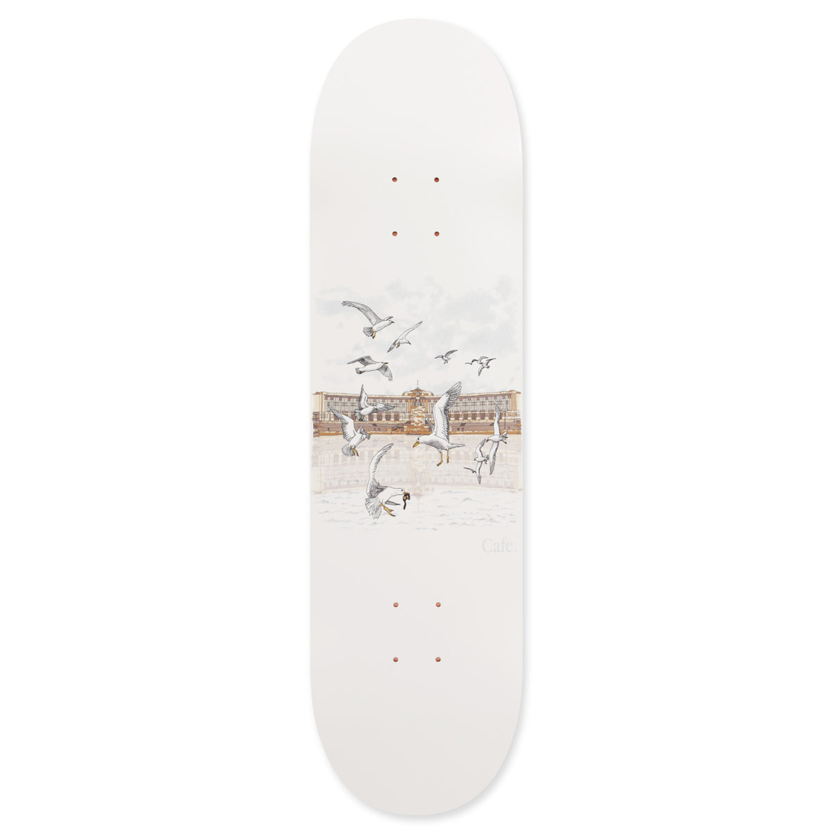 Skateboard Cafe Lloyds White skateboard deck: Delicate illustration of seagulls flying and landing in front of a large seafront building and promenade, in muted greys and sepia, on a plain white deck. Small 'Cafe' text at the lower right.