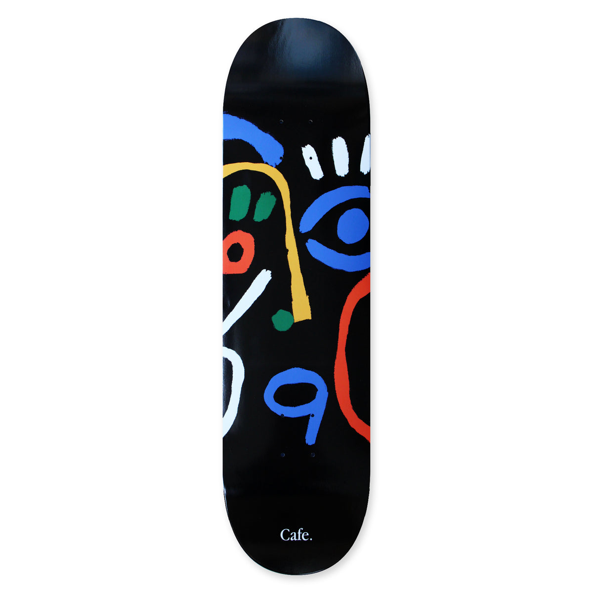 Skateboard Cafe Marcello Black skateboard deck: An abstract, brush-painted face in blue, red, yellow, green and white shapes on a black deck, with a blue eye and eyelashes at the right and a blue number 9 near the base. The Cafe name is in small white text at the bottom.