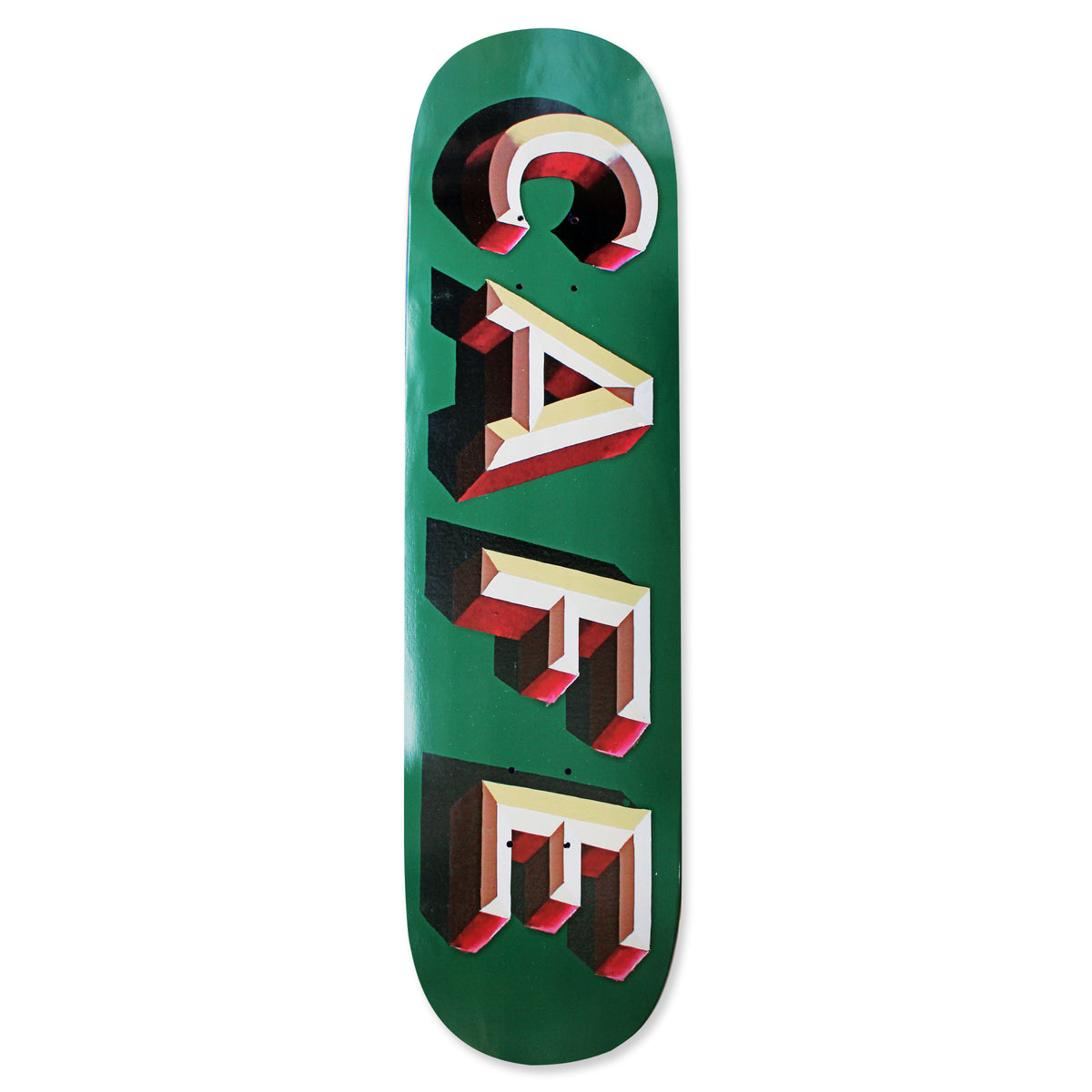 Skateboard Cafe Mr Finbar C2 Shape Green skateboard deck: The word CAFE in large three-dimensional block letters with cream tops, red sides and black shadows, stacked vertically down a plain green deck.