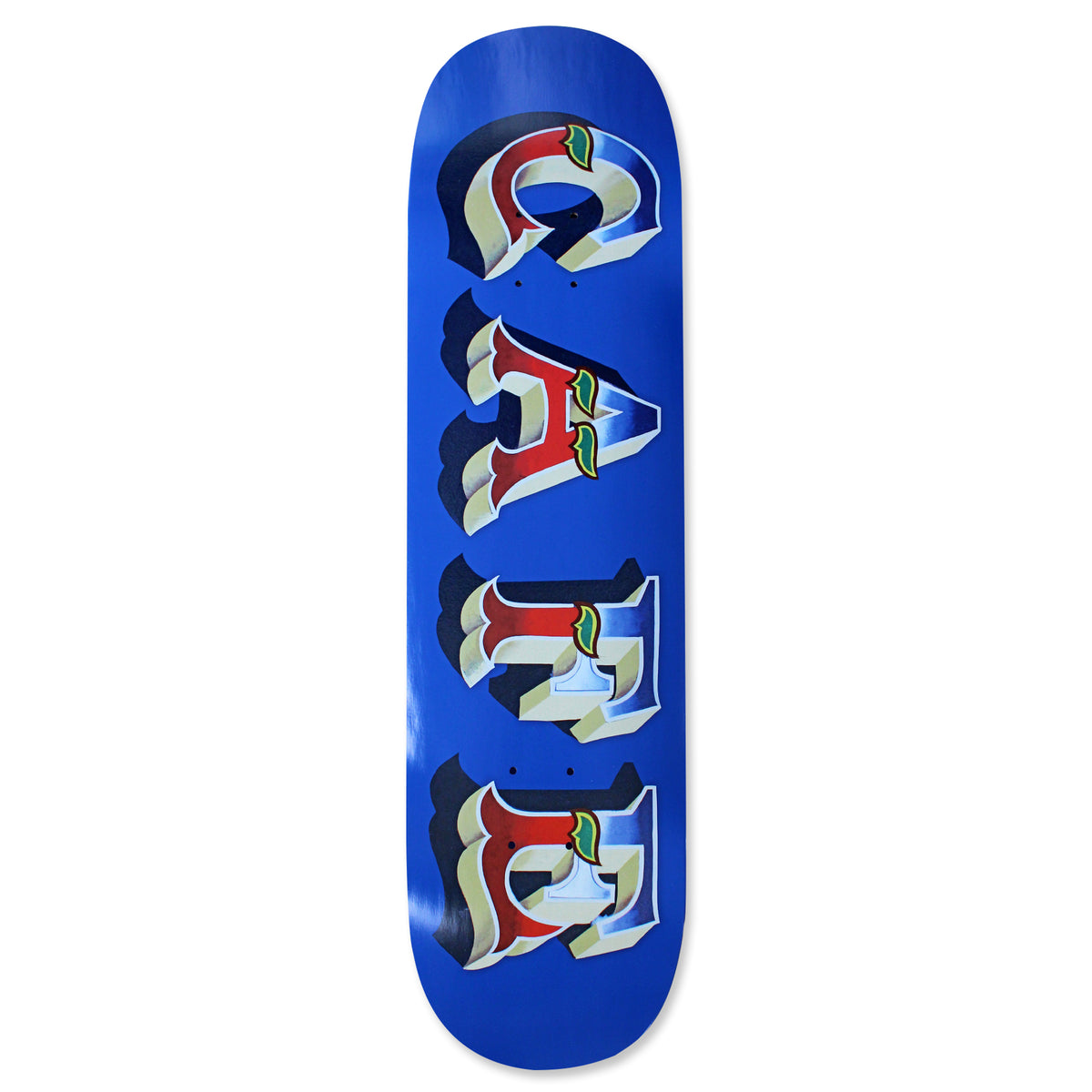 Skateboard Cafe Mr Finbar C2 Shape Navy skateboard deck: The word CAFE spelled vertically in ornate three-dimensional blackletter capitals, each with a red upper half, pale blue lower half, cream sides and a small green leaf, against a plain royal blue deck.