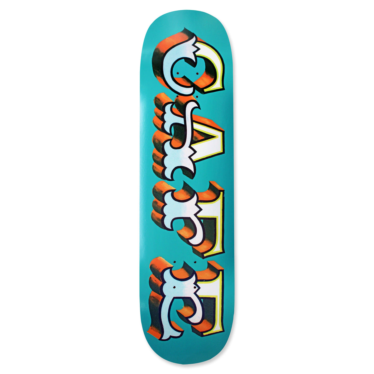 Skateboard Cafe Mr Finbar C2 Shape Teal skateboard deck: Large ornate old-style capital lettering spelling 'CAFE' down the deck, in white and pale blue with orange 3D shadow and thin yellow outlines, on a teal background.