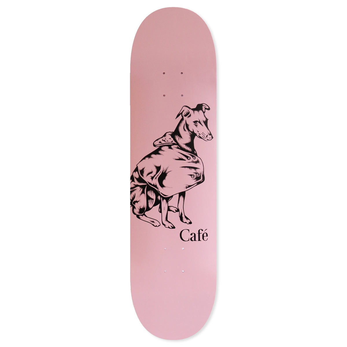 Skateboard Cafe Norma - Pink skateboard deck: A black engraving-style illustration of a seated greyhound wearing a buttoned coat, on a plain dusty pink deck, with 'Café' in serif type beneath.