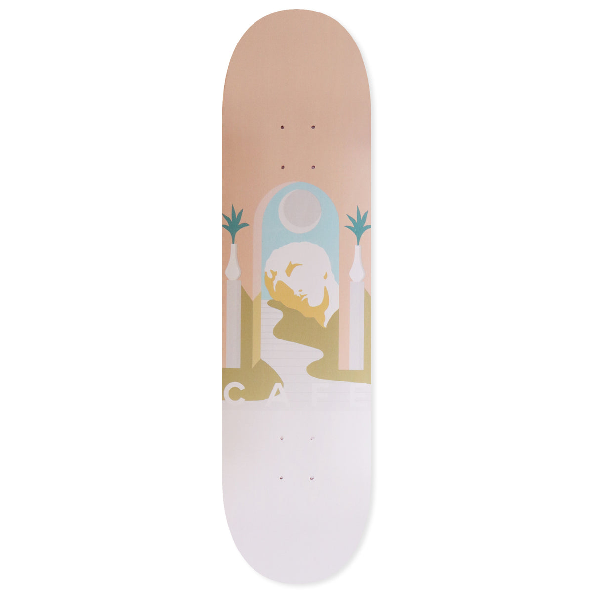Skateboard Cafe Ozymandias skateboard deck: Flat, minimal illustration of an archway between two palm-topped columns framing a fallen broken stone head and a winding path under a pale moon, with Cafe in large faded letters near the bottom.