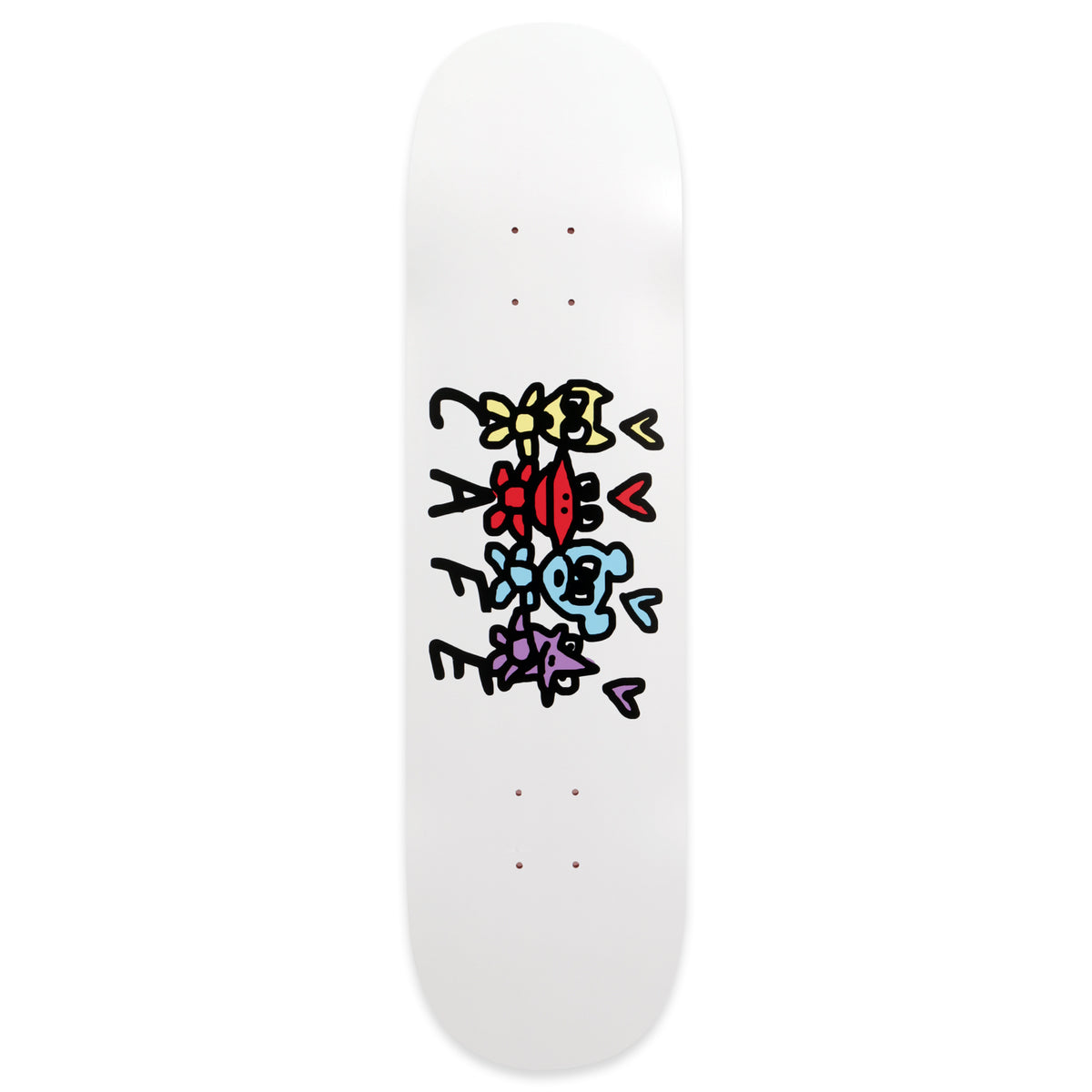 Skateboard Cafe Pals - C2 Shape White skateboard deck: White deck with the word Cafe in black letters running down beside four childlike cartoon creatures in yellow, red, blue and purple, with small hearts.