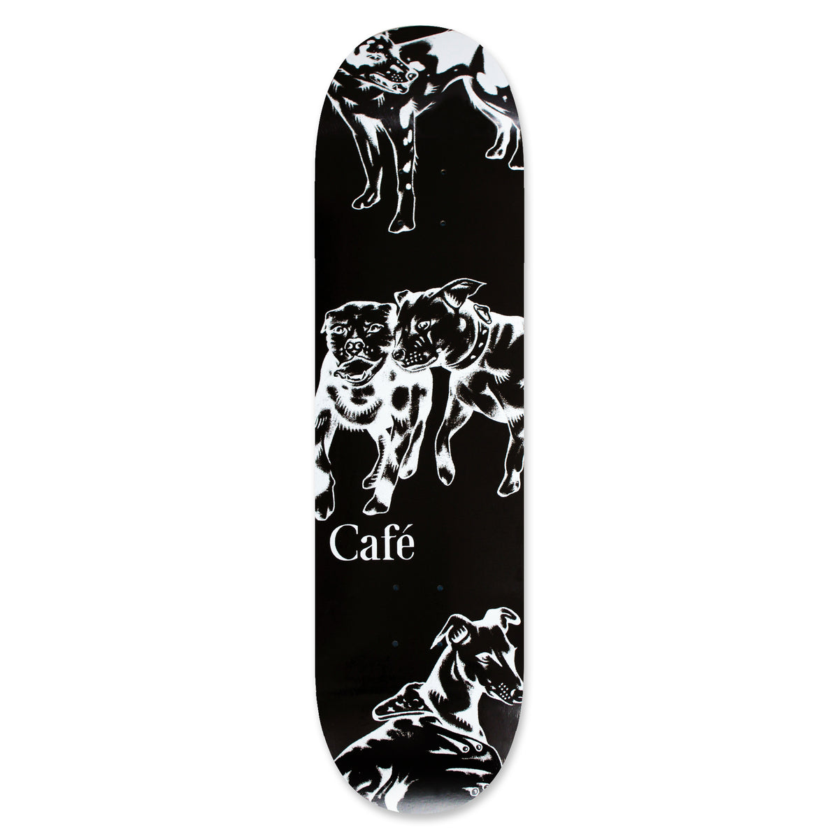 Skateboard Cafe Pooch Black skateboard deck: White line-drawn dogs, including two stocky bull-terrier types side by side and a greyhound in a coat at the bottom, on a black deck with Café in white serif lettering.