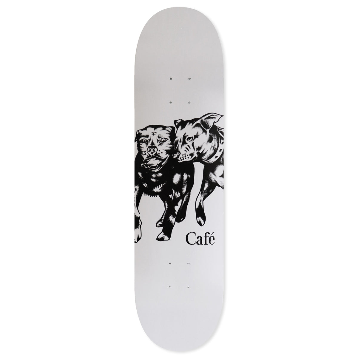 Skateboard Cafe Pooch & Jackie Brown - Grey skateboard deck: Two detailed black ink illustrations of staffordshire-type dogs side by side, one with open mouth and one turned toward it, on a plain pale grey deck. A small serif 'Café' wordmark sits at the lower right.