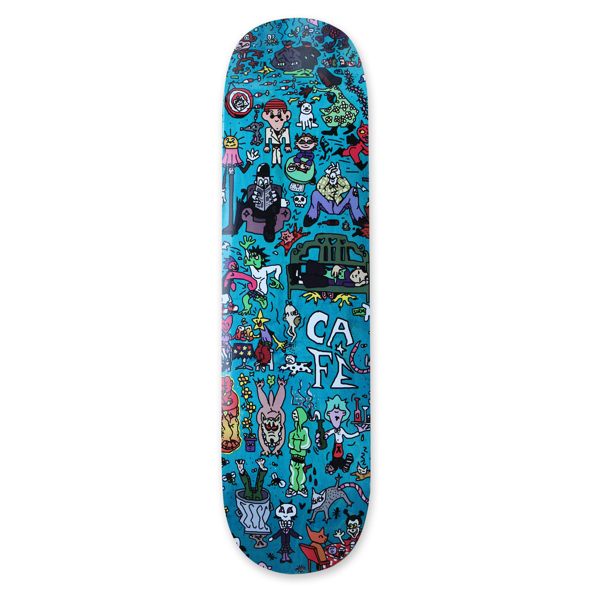 Skateboard Cafe Sex Palace Cheers C2 Shape Assorted Woodstains skateboard deck: Blue deck densely covered with small cartoon characters and creatures, including a man reading a paper, a skeleton, a bunny, ghosts and a figure in a bed, with Café in hand lettering in the centre.