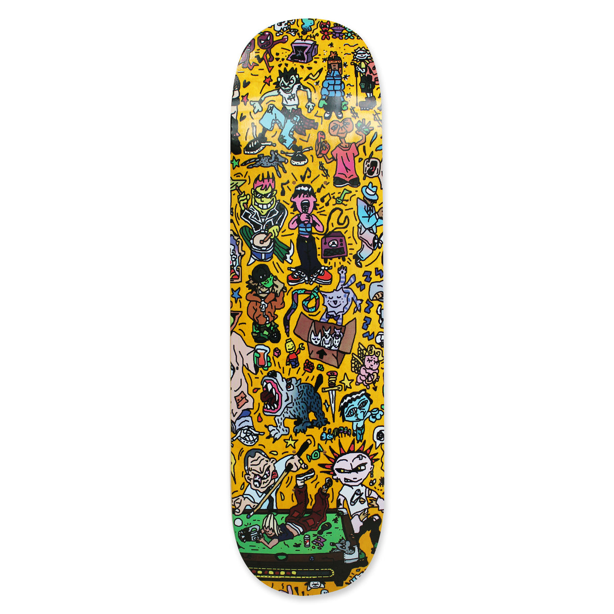 Skateboard Cafe Sex Palace Pool C2 Shape Assorted Woodstains skateboard deck: A dense, cluttered cartoon scene on a yellow ground, with punks, musicians, monsters, a snarling dog, a box of cats and a pool table at the bottom, drawn in thick black outlines.