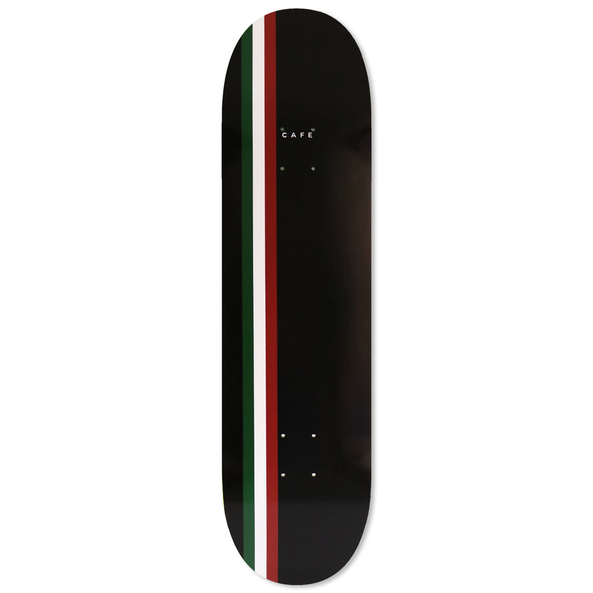 Skateboard Cafe Stripe - Black/Burgundy/White/Forest skateboard deck: Three narrow vertical stripes in forest green, white and burgundy run down the left of a black deck, with a small 'CAFE' wordmark near the nose.
